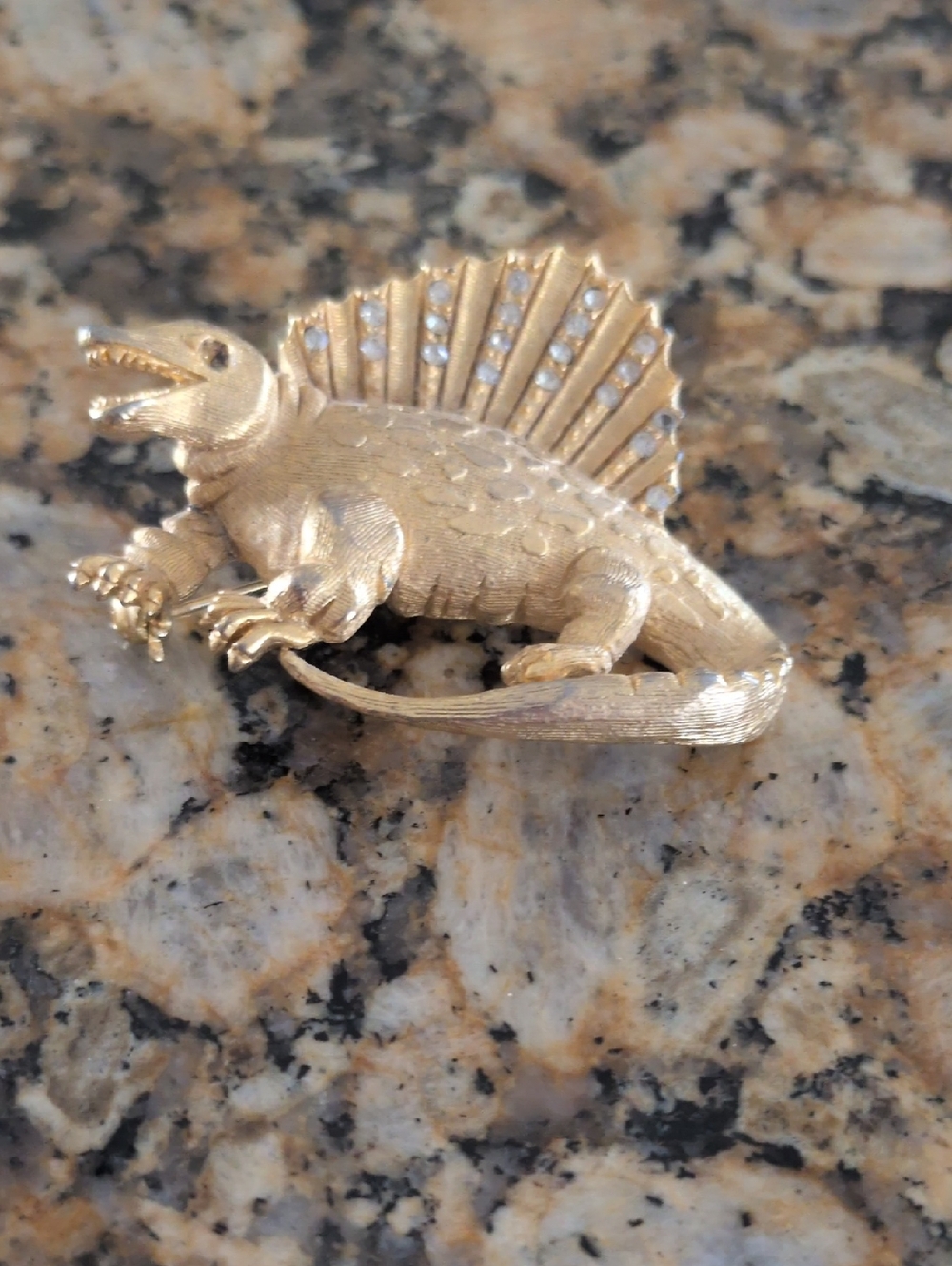 Gold Tone Dimetrodon Reptile Figurine Brooch - Gold Color